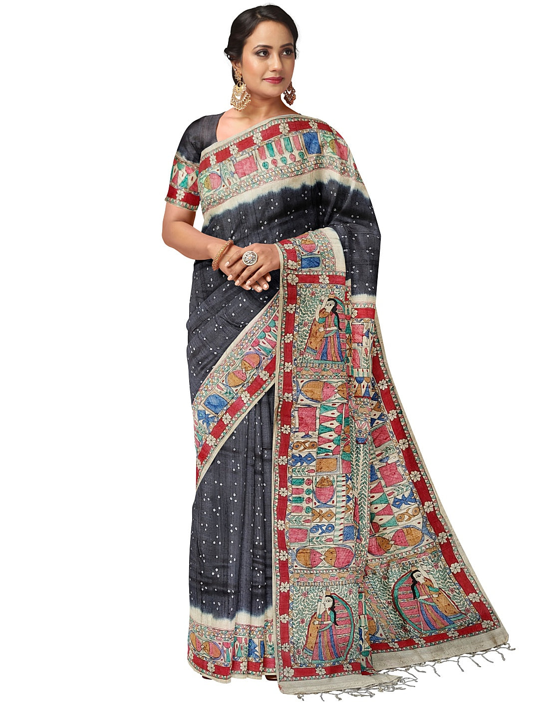 Handpainted Madhubani Saree on Tussar Munga Silk – Godhna Style with Bandhani Fusion